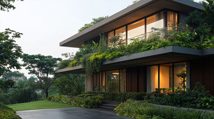 Urban Oasis: Contemporary Home with Greenery Draped from Rooftop Terraces and Balconies, Reflecting Modern Eco-Friendly Housing Design. photo