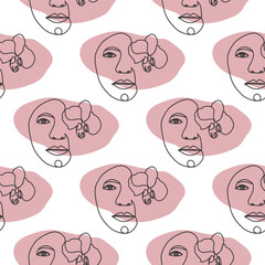 Obraz premium Outline woman face, abstract flowers leaves, line continuous drawing vector seamless pattern. Female portrait