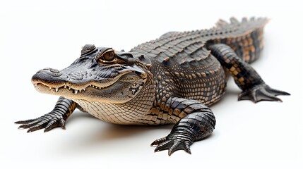 Fototapeta premium A young alligator, with its mouth closed, lies on a white background.