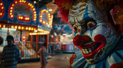 Obraz premium Spooky carnival at night with menacing clowns and eerie atmosphere, evoking a sense of fear.