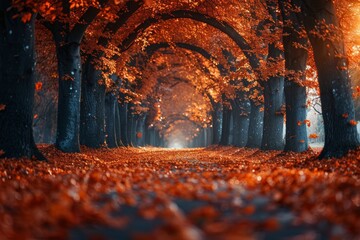 Autumn leaves create a vibrant canopy over a sunlit pathway through a tree lined avenue