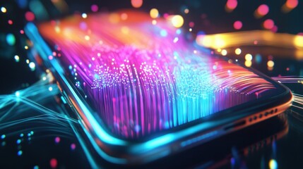 Abstract smartphone with colorful light trails and glowing particles on a dark background, showcasing technology and modern design elements Bright, vibrant visuals perfect for tech related themes