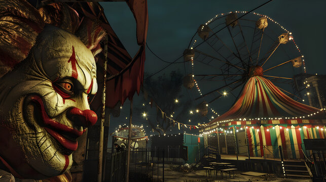 Spooky circus with eerie clowns, sideshow acts, and dark atmosphere in abandoned carnival setting.