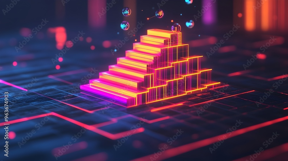 Wall mural Abstract Neon Stairway - Digital Growth Concept