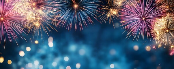 Colorful Fireworks Display Against a Blue Night Sky with Bokeh Lights