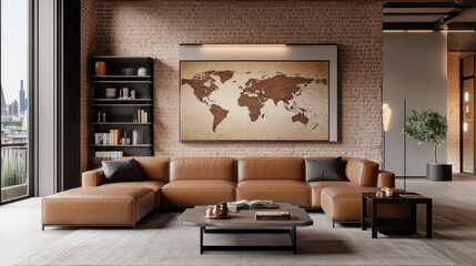 illustration of brown leather sofa in a living room with world map as wall image
