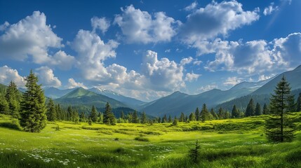 Majestic Mountain Meadow: A breathtaking panorama of sun-kissed peaks, verdant meadows, and a vibrant blue sky, capturing the serene beauty of nature's grandeur.  