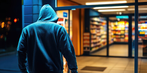 Hooded Figure of criminal thief in Store at Night. Depicting Retail Robbery, Urban Crime
