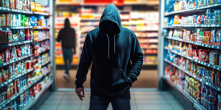 Hooded Figure of criminal thief in Store at Night. Depicting Retail Robbery, Urban Crime