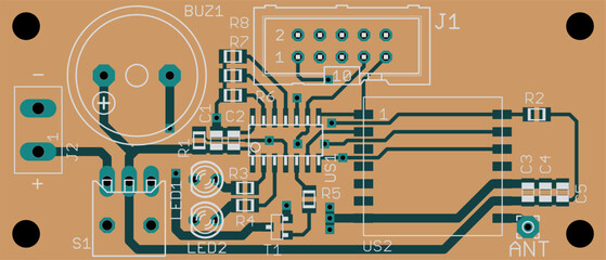 Vector printed circuit board of electronic 
device with components of radio elements, 
conductors and contact pads placed on pcb. 
Engineering computer drawing. Technical design.