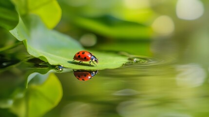 Ladybug on Leaf by Water