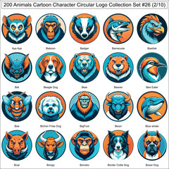 Animals Cartoon Character Circular Logo Collection Set of 200 Isolated Animals Part 2