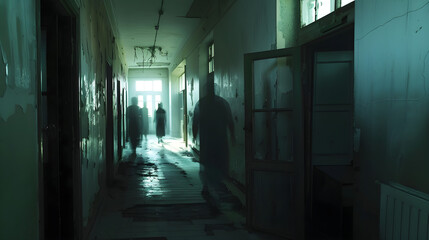 Creepy abandoned hospital with eerie ghostly patients wandering the halls, setting an unsettling atmosphere.