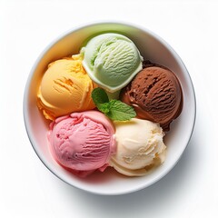Top view ice creams scoop that various flavor in white bowl isolated on background