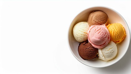 Top view ice creams scoop that various flavor in white bowl isolated on background