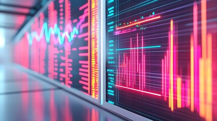 Fototapeta premium Neon Stock Market Data Displays - Technology Background