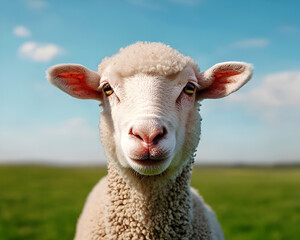 Fototapeta premium A close-up of a curious sheep standing in a green field under a sunny blue sky, showcasing its soft wool and gentle expression.