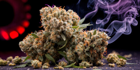 Obraz premium Close-up of cannabis buds with green and orange trichomes, frosty resin glands, and a hazy smoke effect. Medical Marijuana