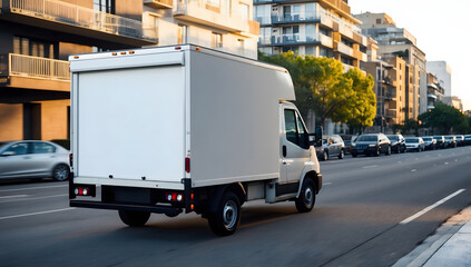 White modern delivery small shipment cargo courier van moving fast on motorway road to city urban suburb. Business distribution and logistics express service. Mini bus driving on highway on sunny day.