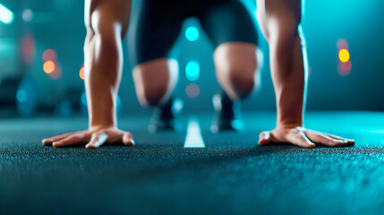 A determined athlete prepares to sprint on a track, showcasing strength and focus in a dynamic athletic environment.