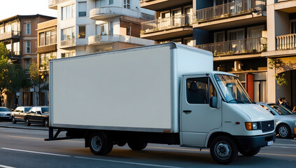 White modern delivery small shipment cargo courier van moving fast on motorway road to city urban suburb. Business distribution and logistics express service. Mini bus driving on highway on sunny day.