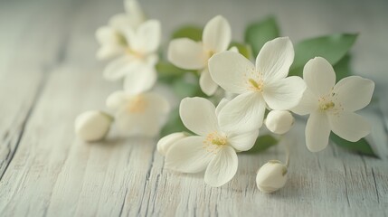 Naklejka premium Close-up of small flowers with buds delicately arranged on a light wooden table. Flowers with soft petals full of freshness.