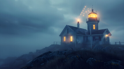 Eerie lighthouse beams glow in the dark, casting ghostly shadows on foggy waves below.