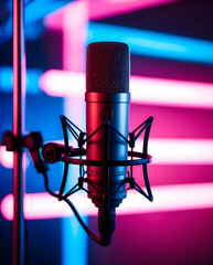 Studio microphone and room with neon lights in the background, podcast and entertainment concept.