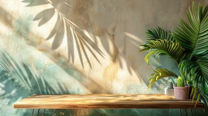 Wooden table with tropical plant against interior wall for displaying products.