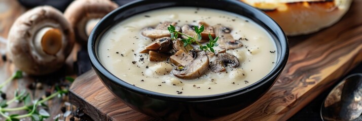 Creamy Mushroom Soup Served in a Black Ceramic Bowl on a Wooden Surface