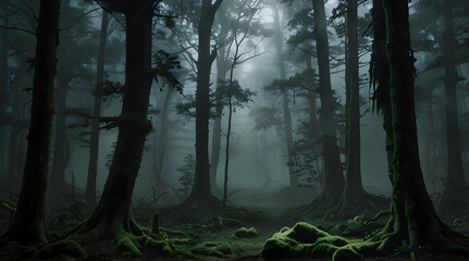 Obraz premium Mysterious forest with a moonlit path fog and a Halloween backdrop hint, Dark, Horror, Unsettling, Eerie 