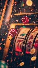 Red Dice Falling on Slot Machine with Confetti