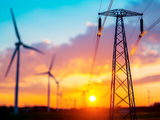 Fototapeta premium A scenic sunset view featuring wind turbines and a power tower, symbolizing renewable energy and a sustainable future.