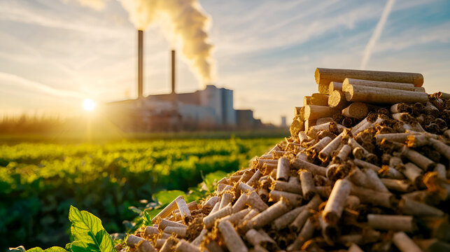 A scenic view of biomass pellets in the foreground with a power plant emitting smoke under a vibrant sunset.