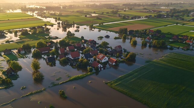 Birda??s-eye view of flooded fields and homes, symbolizing the increased frequency of extreme weather events due to climate change.