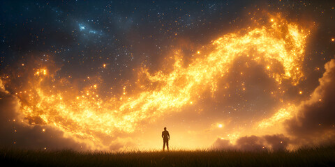 Obraz premium A silhouette of a person gazing at a magnificent cosmic display filled with swirling stars and fiery nebulas in the night sky.