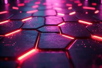 Obraz premium Futuristic hexagonal grid pattern with a vibrant neon glow, ideal for sci-fi themes, technology visuals, and modern digital designs. 