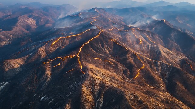 Birda??s-eye view of wildfire scars stretching across a mountain range, capturing the increasing intensity of fires in a changing climate.