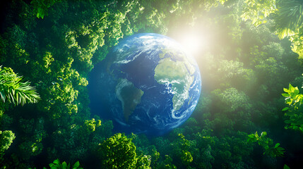 A vibrant aerial view of Earth surrounded by lush green forests under bright sunlight, symbolizing nature and life.