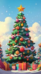 Obraz premium decorated christmas tree with presents under snow