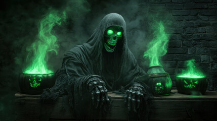 Fototapeta premium A fantasy skeleton figure with glowing green eyes and green flames. The background is dark and adding to the ominous atmosphere. Halloween horror theme, spooky concept