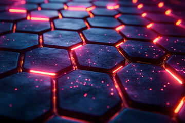 Obraz premium Futuristic hexagonal grid pattern with a vibrant neon glow, ideal for sci-fi themes, technology visuals, and modern digital designs. 