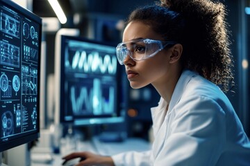 Scientist in a lab coat and safety glasses analyzing data on a computer in a modern laboratory, showing innovation and discovery in a high-tech setting