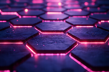 Futuristic hexagonal grid pattern with a vibrant neon glow, ideal for sci-fi themes, technology visuals, and modern digital designs.	
