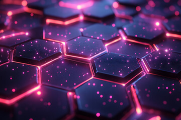 Futuristic hexagonal grid pattern with a vibrant neon glow, ideal for sci-fi themes, technology visuals, and modern digital designs.	
