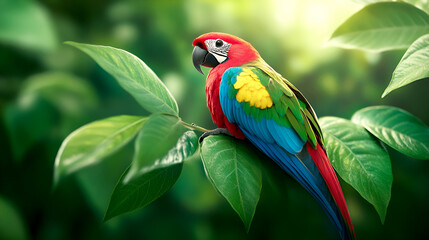 Fototapeta premium A vibrant parrot perched on lush green leaves, showcasing its colorful feathers in a tropical setting, perfect for wildlife imagery.