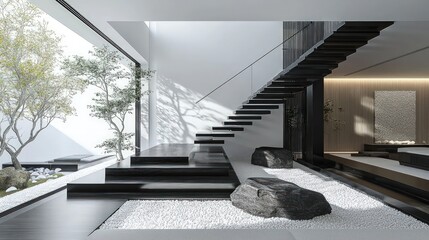 Zen-inspired black and white staircase in a modern Japanese mansion.