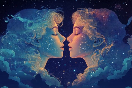 The Gemini zodiac symbol with two symmetrical, intertwined figures representing twins. Generative AI