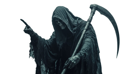Male person in Halloween grim reaper death costume holding