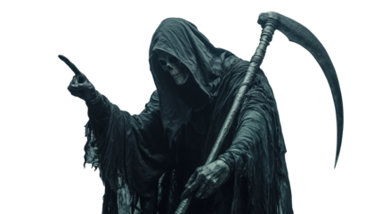 Male person in Halloween grim reaper death costume holding